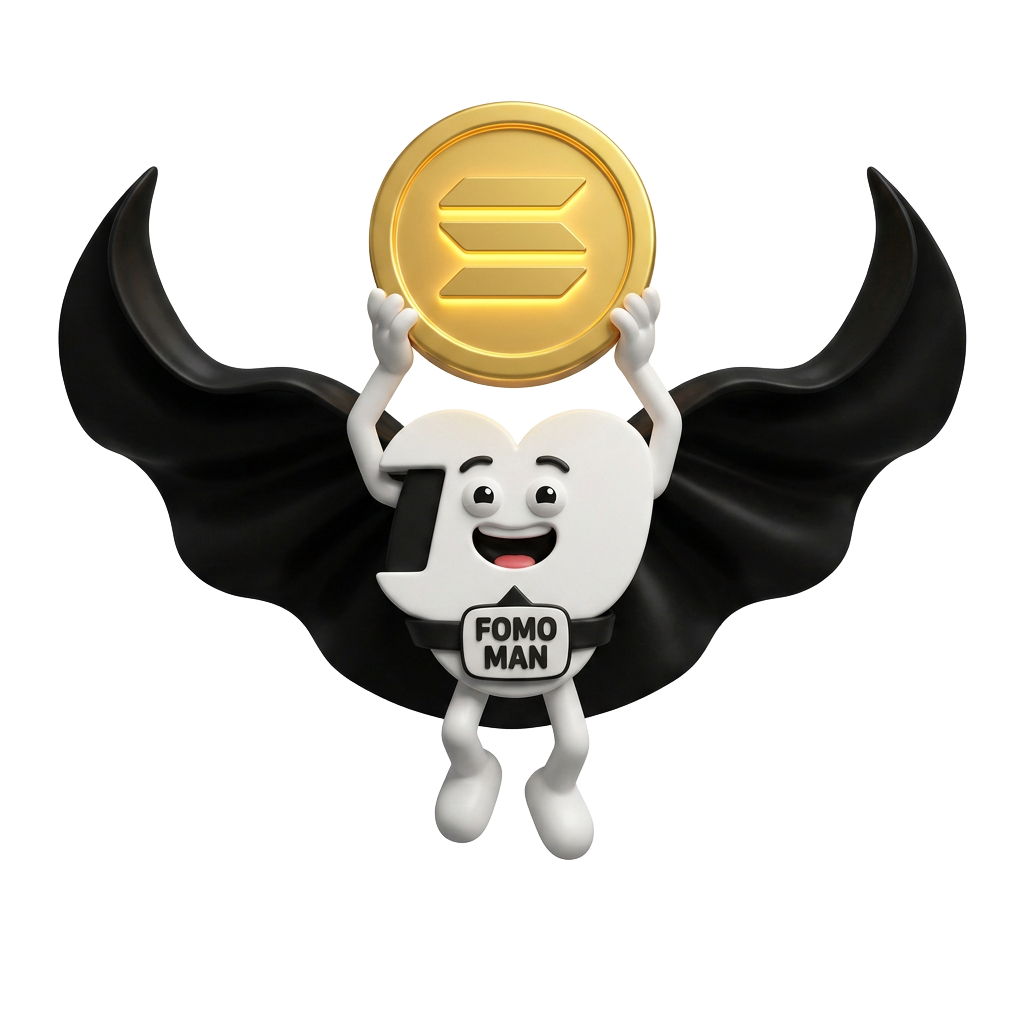 Fomo Man holding a golden Solana coin