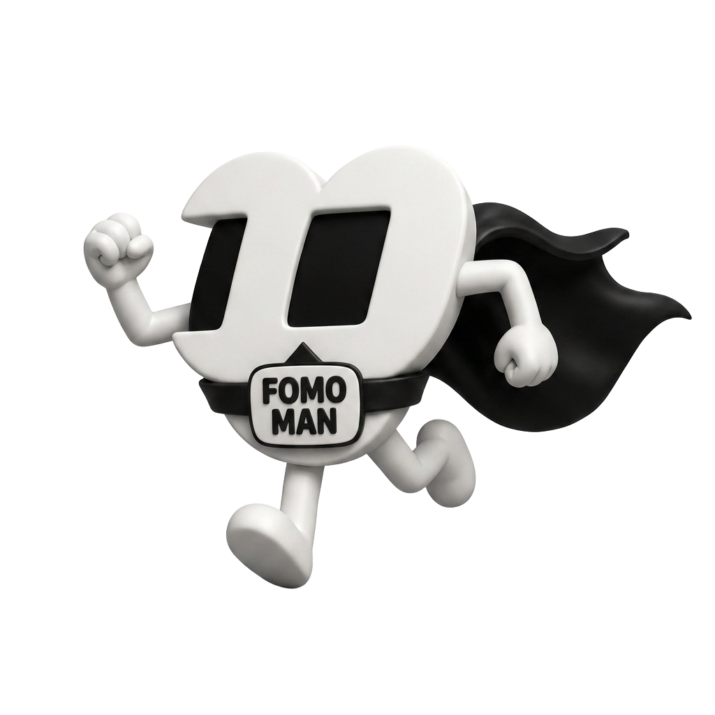 Fomo Man mascot — a white M-letter character in a black cape running fast